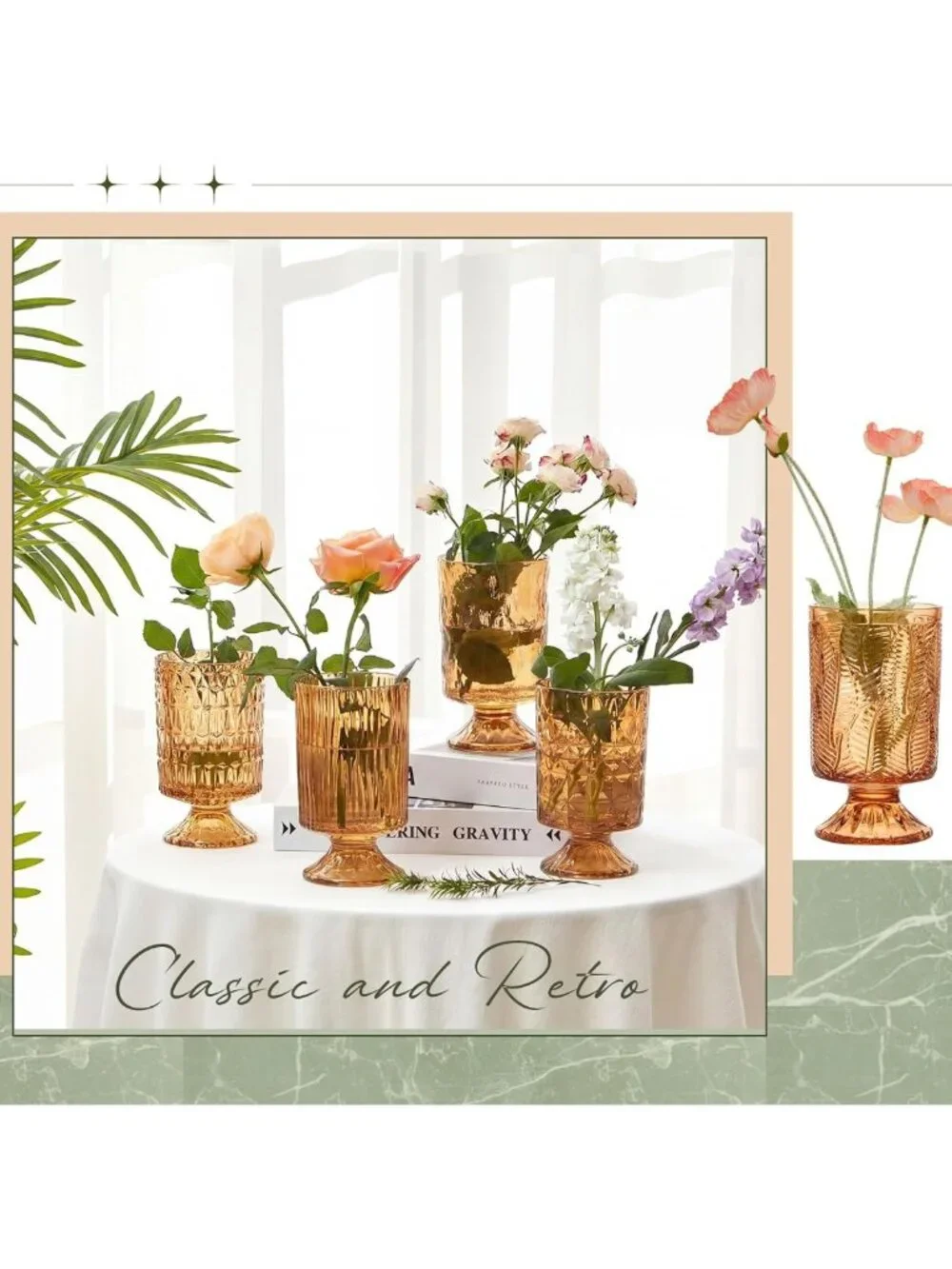 Set of 9 Embossed Flower Glass Vases - Pedestal Design, 7” H x 4” W, Home Decor
